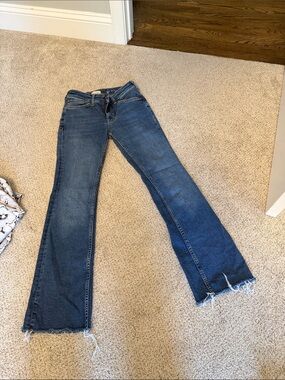 Pilcro Dark Blue Flare Jeans with Raw Hem